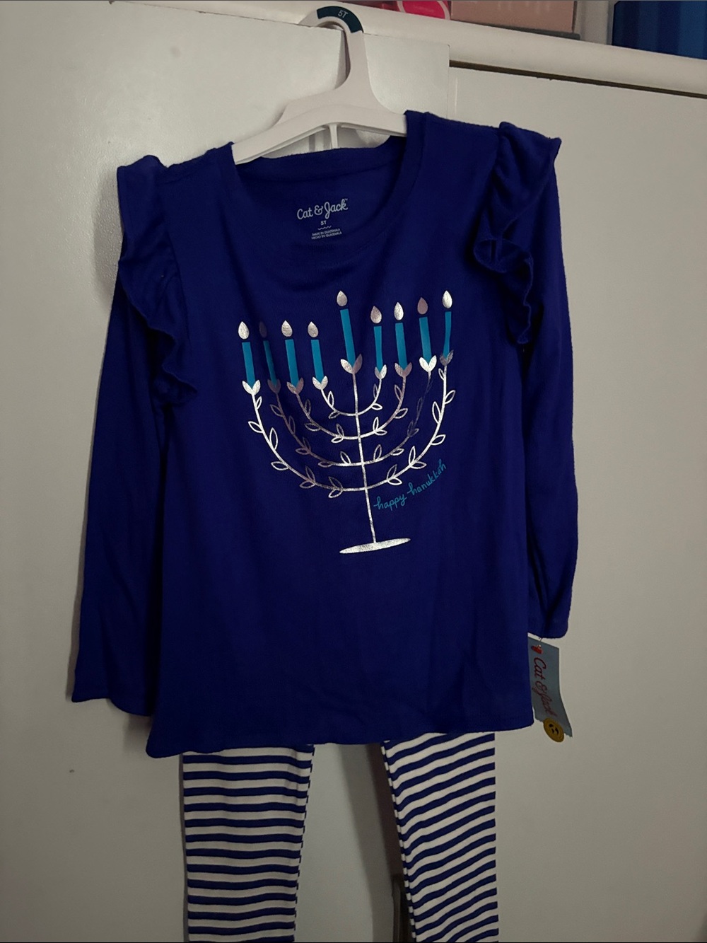 Cat & Jack Hanukkah outfit royal  Blue Long-Sleeve Menorah Top w/ruffle shoulder